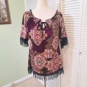 Merchant paisley boho fringe lace top blouse large NWOT *C2